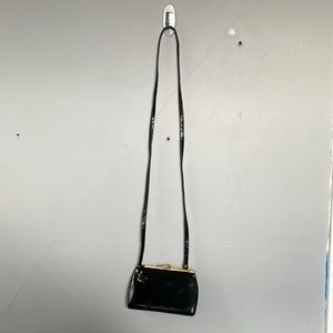 Shiny black faux leather crossbody purse with gold clasp closure Gatsby jazz